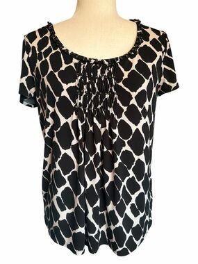 Rafaella Black & White Smocked Front Short-Sleeve Blouse